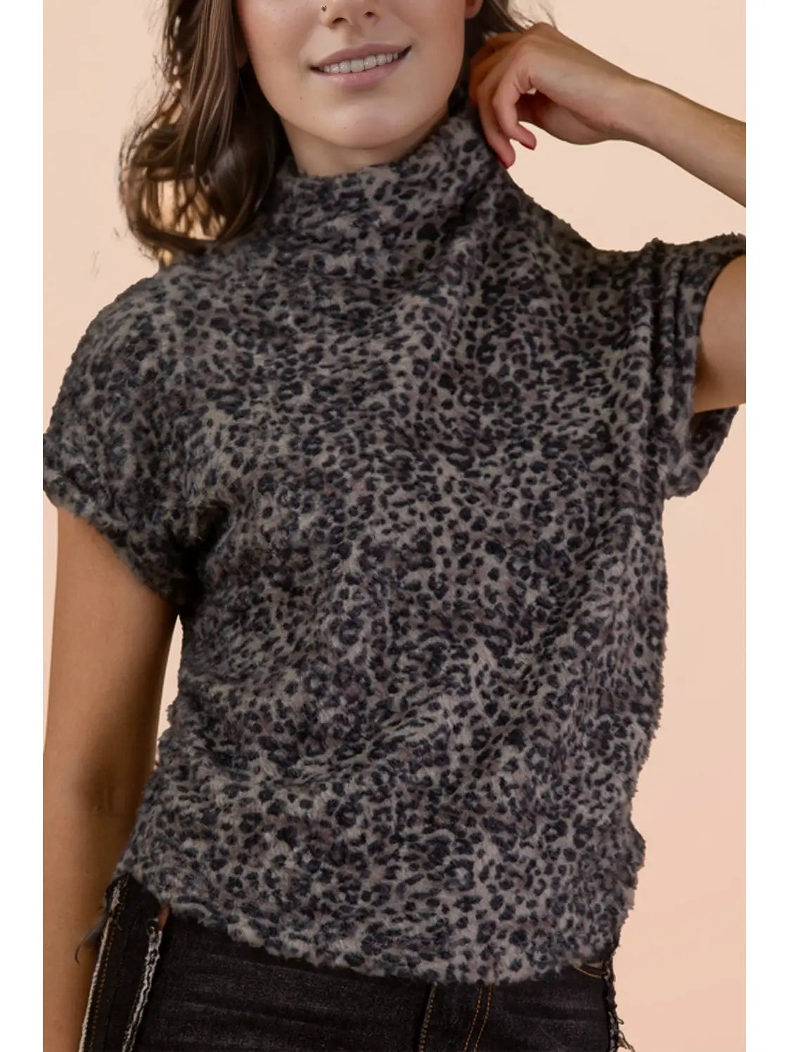 Gray Leopard Print Fuzzy Mock Neck Short Sleeve Top