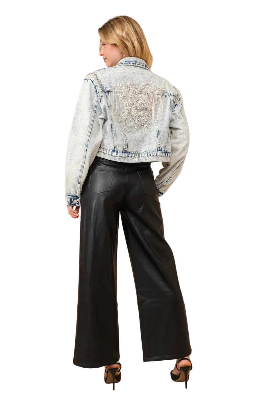 Women’s Embellished Acid Wash Denim Jacket with Pearl & Beaded Back