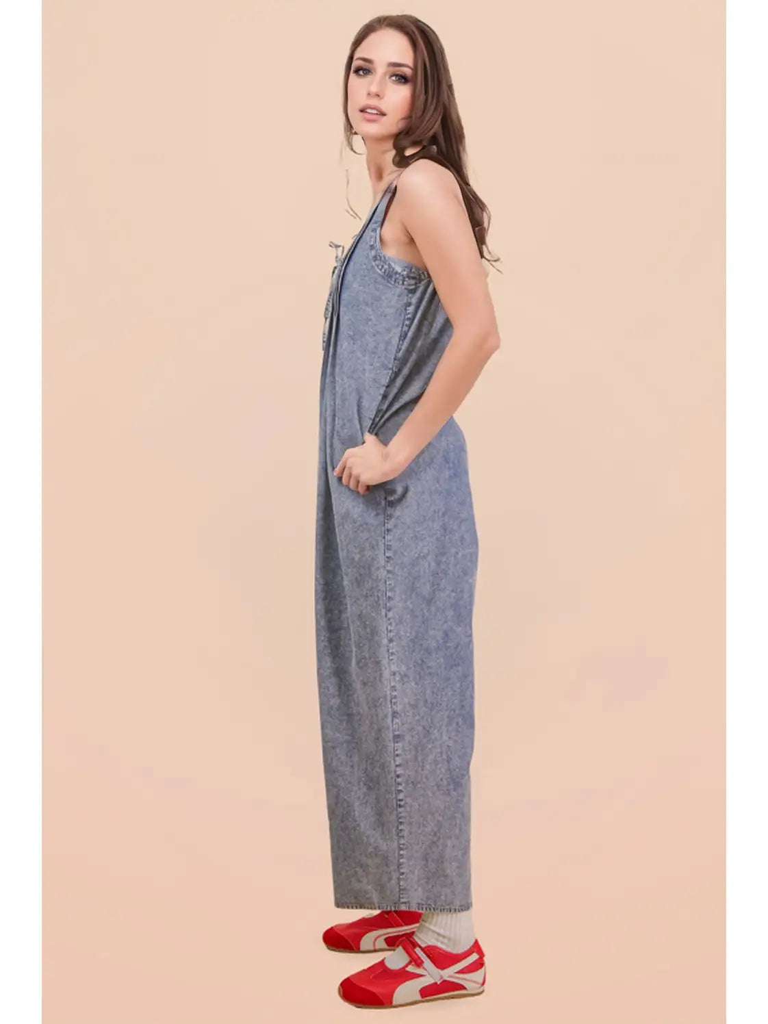 Women’s Washed Denim Wide Leg Jumpsuit – Sleeveless Relaxed Fit Romper