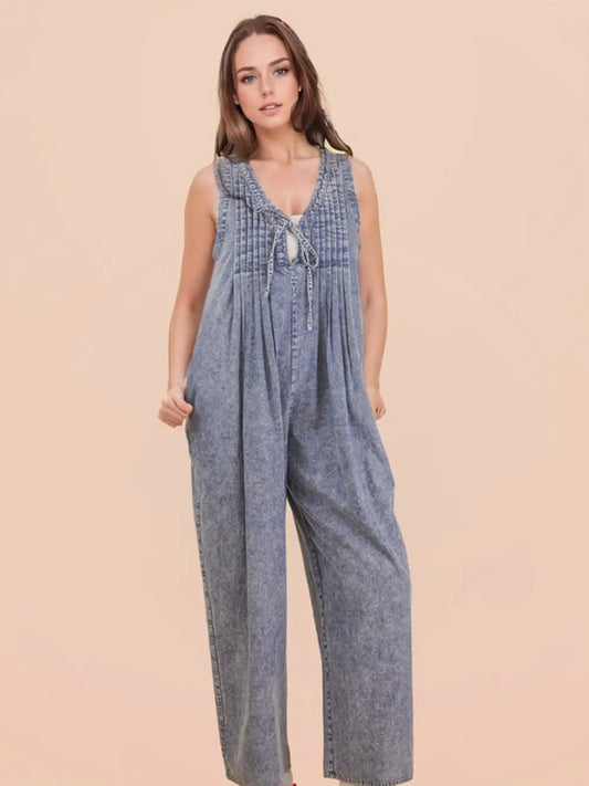 Women’s Washed Denim Wide Leg Jumpsuit – Sleeveless Relaxed Fit Romper