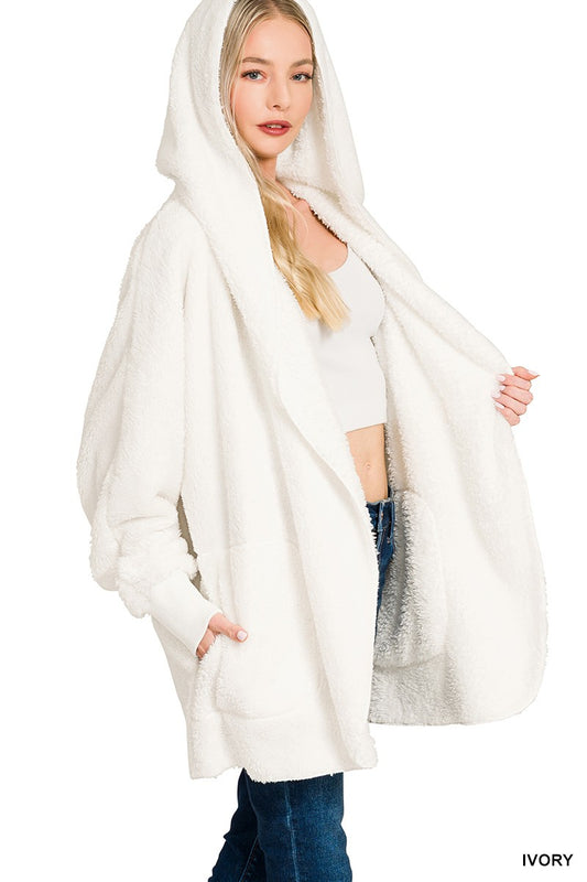 Women’s Ivory Faux Fur Hooded Coat – Soft Open Front Cozy Jacket