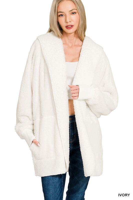 Women’s Ivory Faux Fur Hooded Coat – Soft Open Front Cozy Jacket