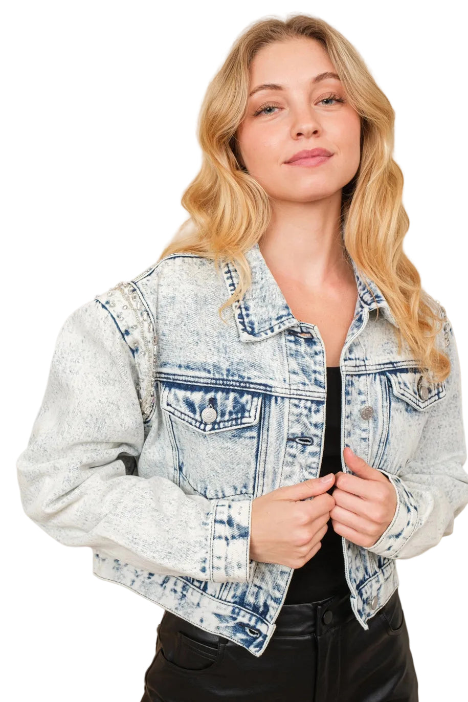 Women’s Embellished Acid Wash Denim Jacket with Pearl & Beaded Back