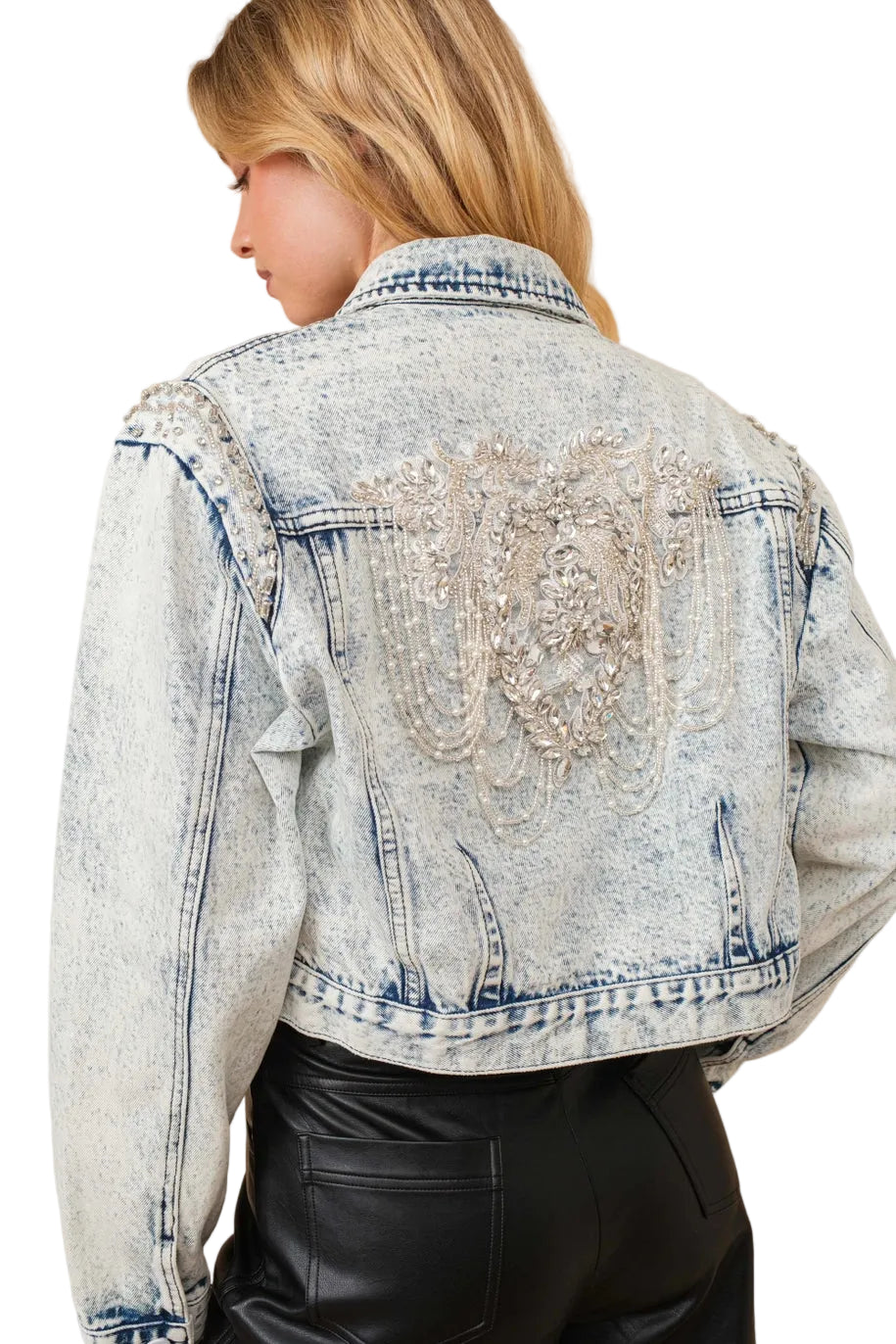 Women’s Embellished Acid Wash Denim Jacket with Pearl & Beaded Back