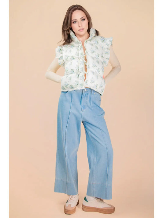 Women’s Floral Ruffle Puffer Vest – Lightweight Quilted Tie-Front Jacket