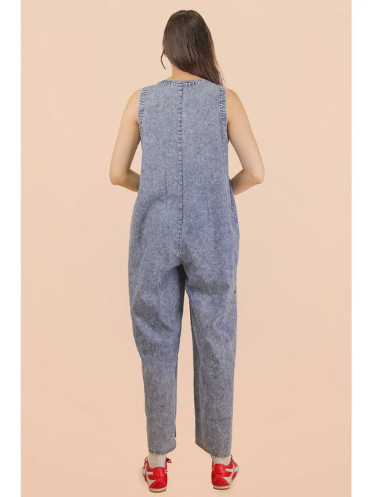 Women’s Washed Denim Wide Leg Jumpsuit – Sleeveless Relaxed Fit Romper