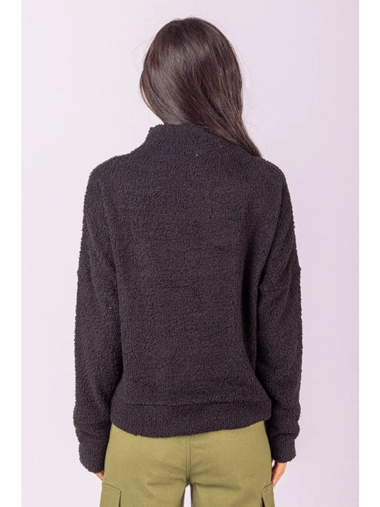 Women’s Black Sherpa Mock Neck Sweater – Soft Cozy Fleece Pullover Top
