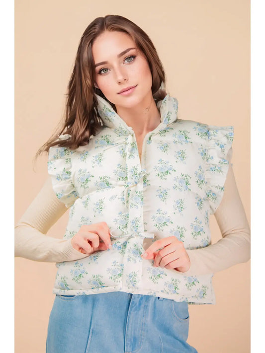Women’s Floral Ruffle Puffer Vest – Lightweight Quilted Tie-Front Jacket