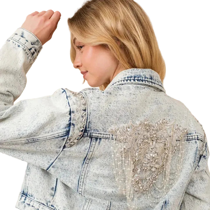Women’s Embellished Acid Wash Denim Jacket with Pearl & Beaded Back