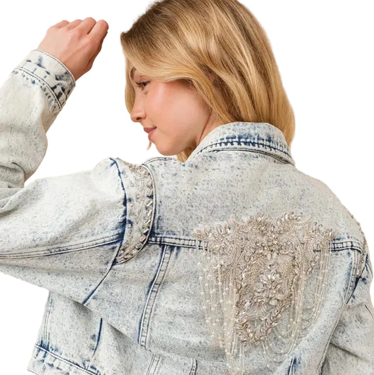 Women’s Embellished Acid Wash Denim Jacket with Pearl & Beaded Back