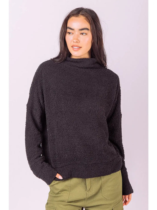 Women’s Black Sherpa Mock Neck Sweater – Soft Cozy Fleece Pullover Top
