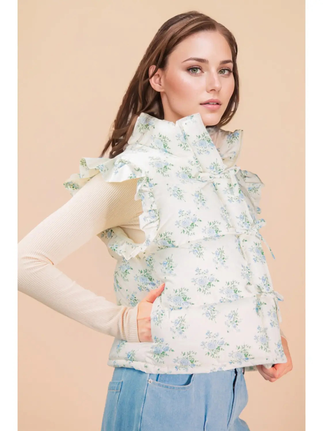 Women’s Floral Ruffle Puffer Vest – Lightweight Quilted Tie-Front Jacket