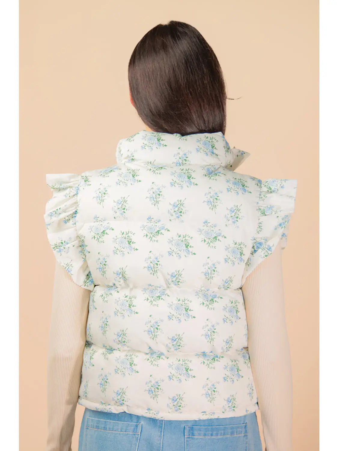Women’s Floral Ruffle Puffer Vest – Lightweight Quilted Tie-Front Jacket